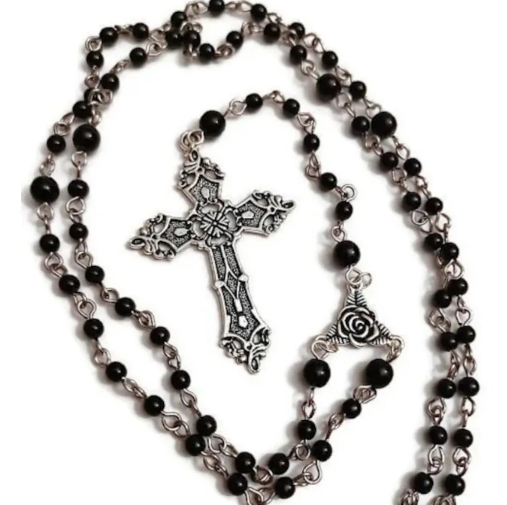Gothic Victorian Black & Silver Rosary HAND MADE by Vexed Jewelry Goth Necklace